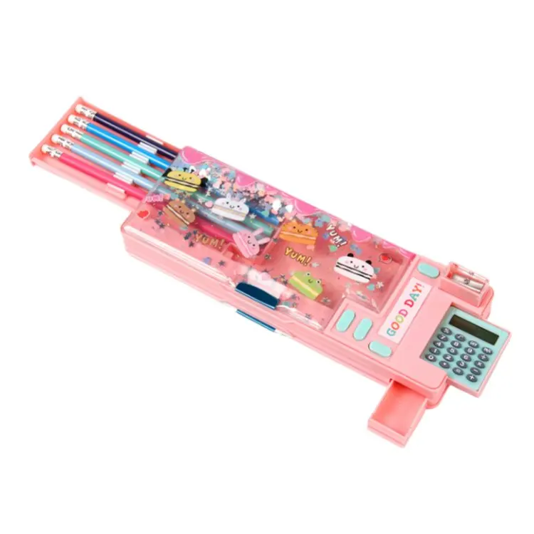 INTERWELL Sturdy PS/PVC School Pencil Case for Kids with Built-in Calculator and Pencil Sharpener Sparkling Glitter Design