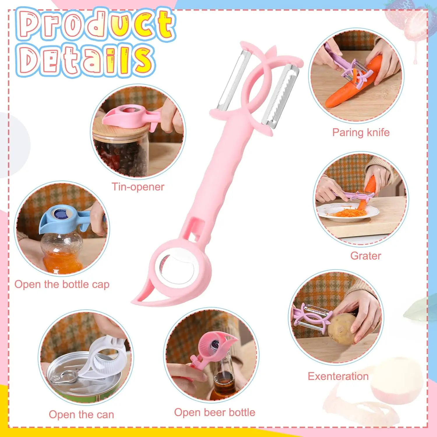 7 in 1 Peeler Beer Can Opener Kitchen Gadgets for Peeling Prining Twisting Shredding Multi Function Can Jar Opener