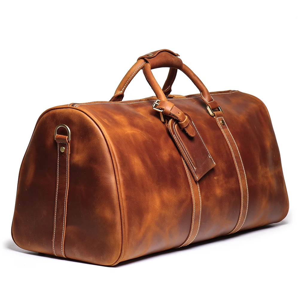 Handmade Vintage Crazy Horse Leather Traveling  Duffle  Weekender Bag for Men Brown 24inch