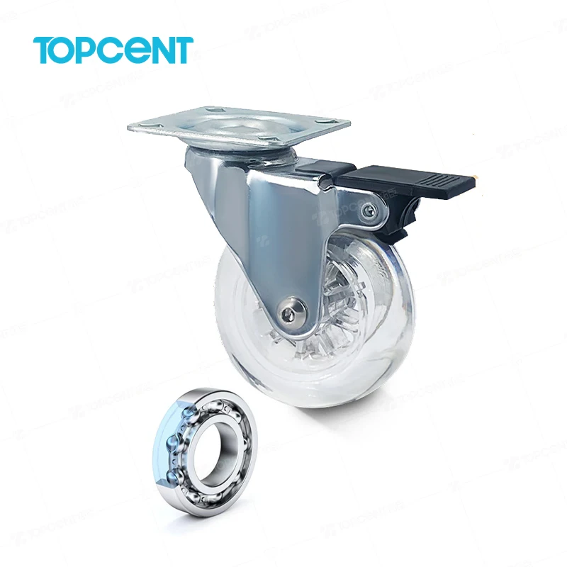 Topcent 3 inch PU Swivel Castor Universal Wheel Transparent Crystal Rubber Steel Furniture Casters