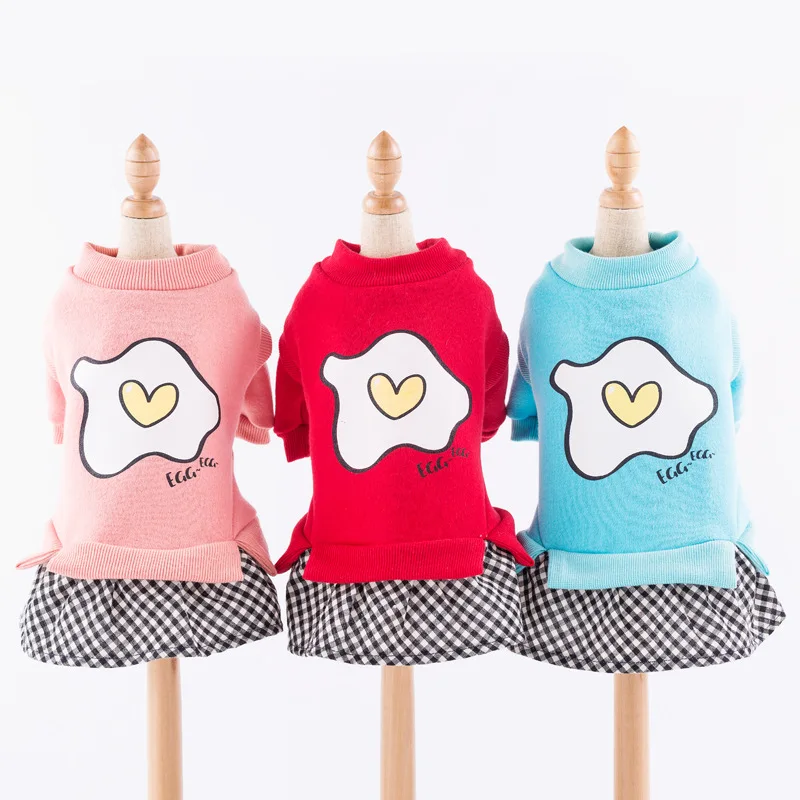 
Pet clothes for the female small dogs cute design eggs printing fleece and plaid dress good quality comfortable made in China 