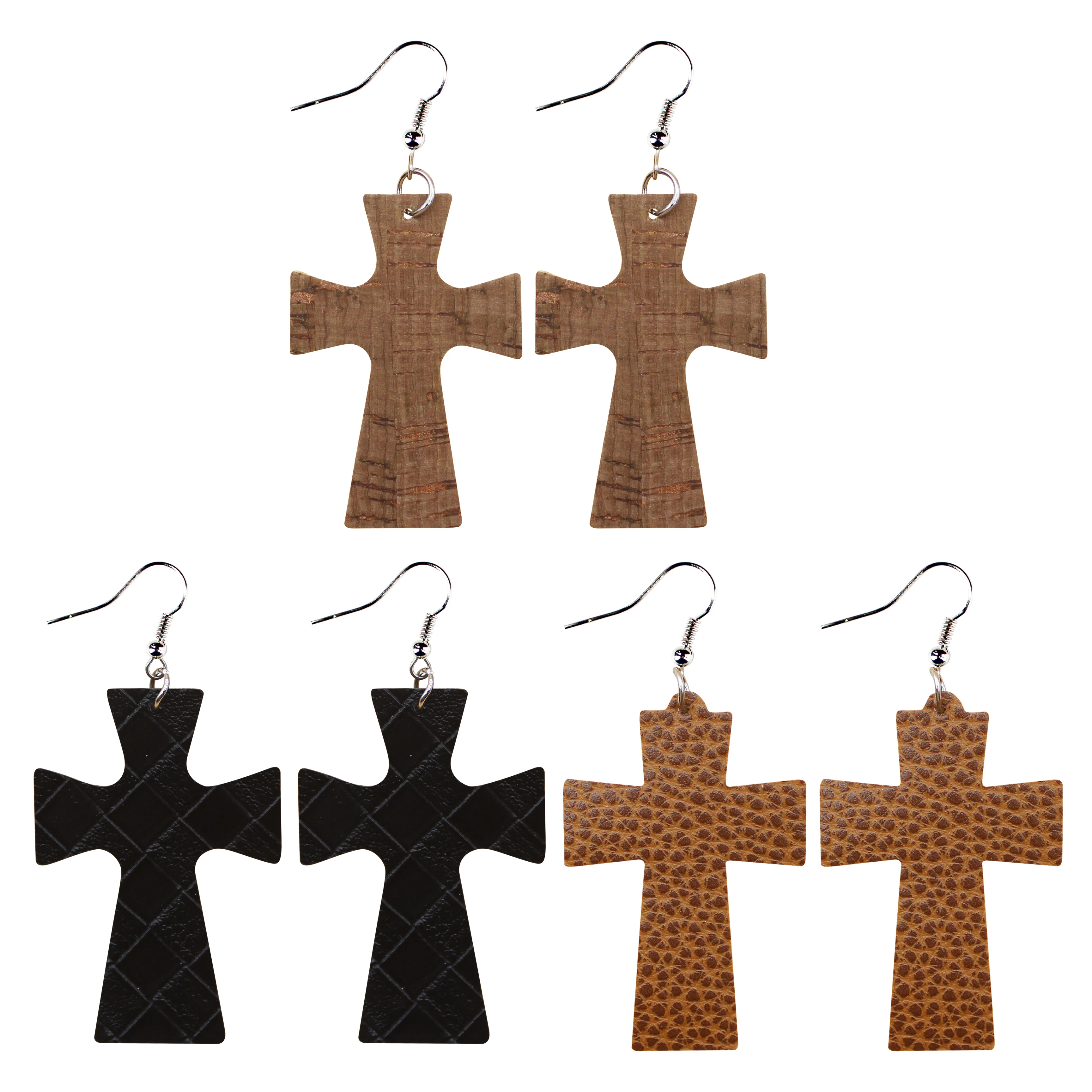 Exotic Cross Earrings Women Lychee Pattern Cork Wood Plaid Weave Pattern Leather Earrings