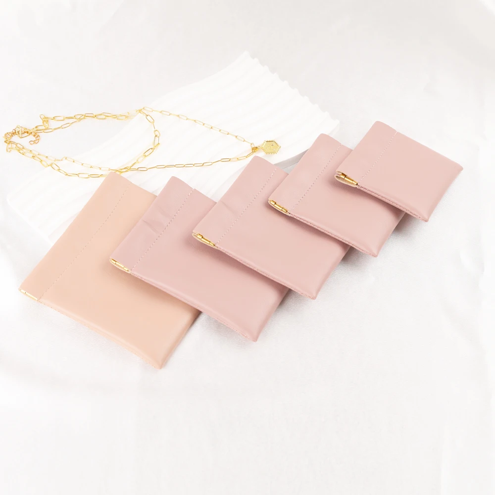 10pcs to start to custom gold foiled logo earring necklace ring pu leather pouch automatic closure for bag jewelry bulk