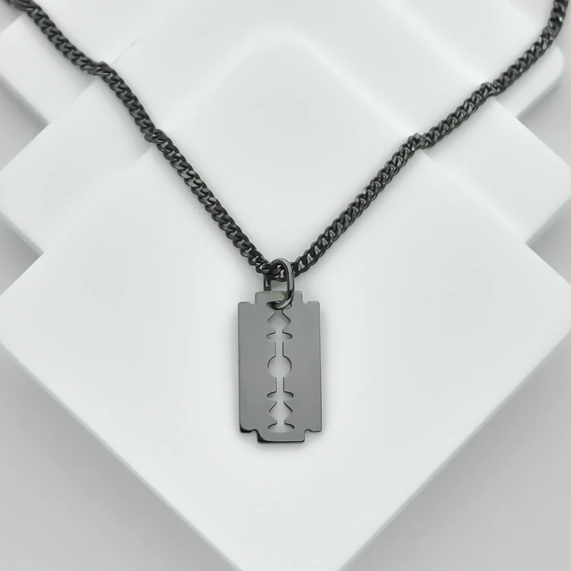 Stainless Steel Chain Black Plated Razor Blade  Charm Necklace For Men