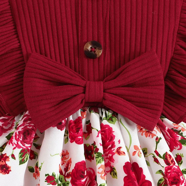 2024 Summer Baby Girls Bow Spliced Flower Print Baby Girl Clothes Set Newborn Dress Headband