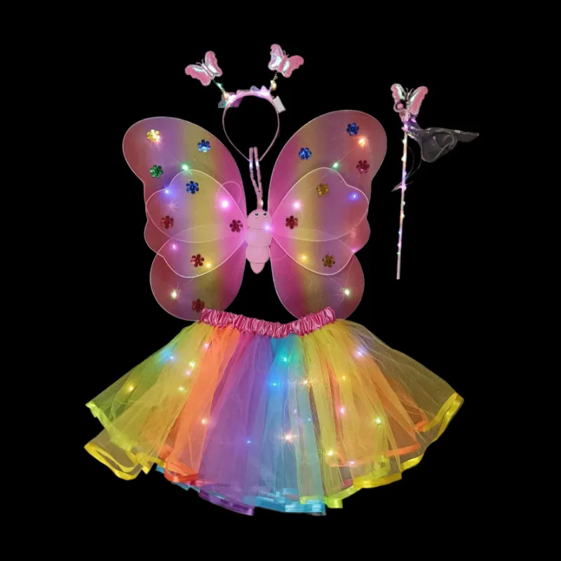 Mardi Gras Carnival Cosplay Costume Performance Clothes Hair Band Fairy Stick Tutu Skirt Dress Bee Wings 4-Piece Set