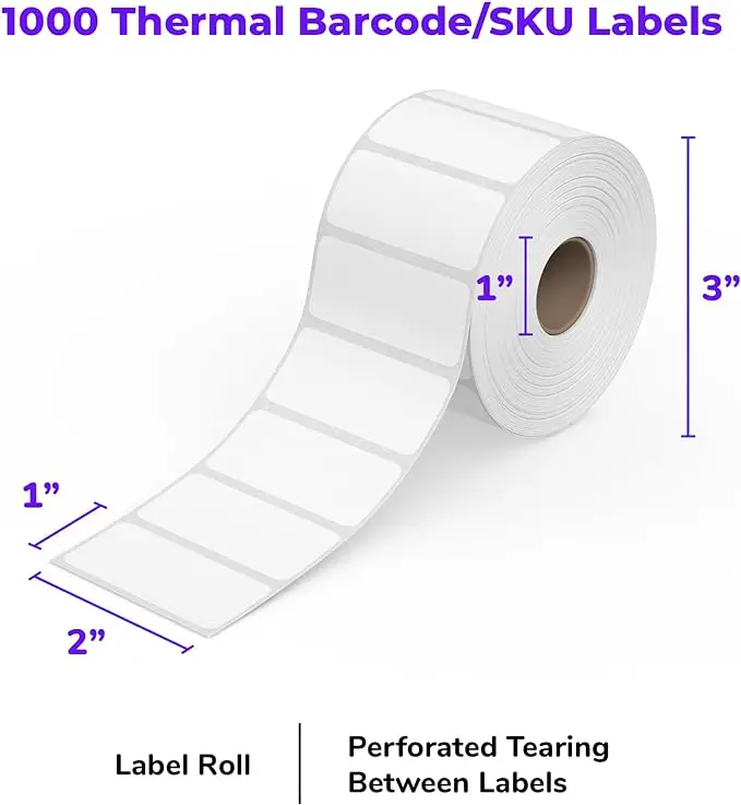 Commercial Grade Reusable Direct Thermal 2x1 Barcode Labels Roll of 1,000 PET Thermal Labels Custom Sticker Packing Promotion