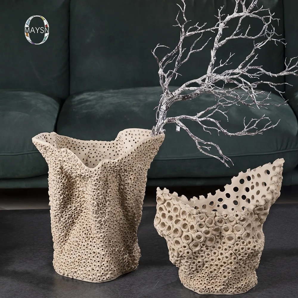 Handmade Khaki and black modern vase  round hole design irregular shape home item decoration pieces ceramic home decor vase