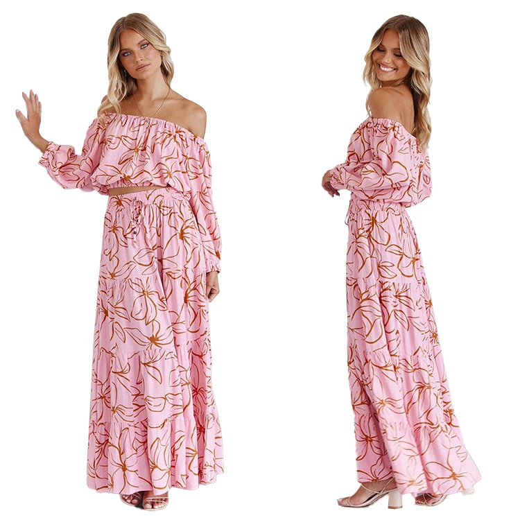 100% Rayon Fabric Support Custom Print Off Shoulder Top and Maxi Skirt Set Women Top Dress Set