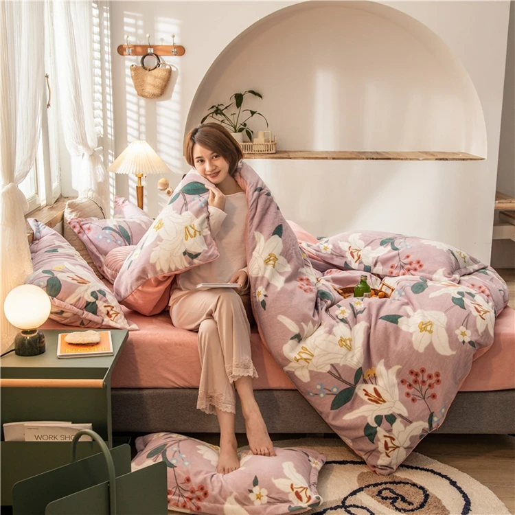 
Fashion Super King Size Flower Winter Printed Velvet Bed Sheet Bedding Set, Manufacturer 3Pcs Fleece Comforter Bed Set/ 