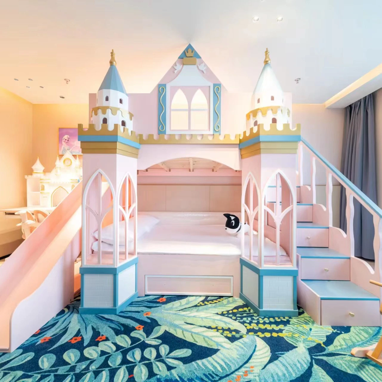 colorful princess castle kids bunk bed for hotel and villa use pink with slide