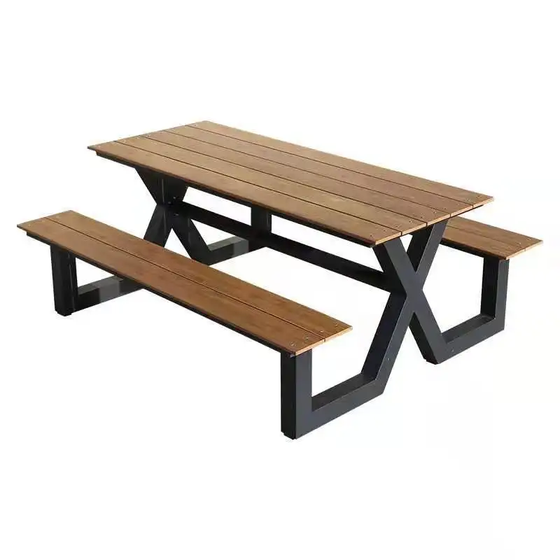 Outdoor restaurant park furniture dining set table with bench metal leg plastic wood table top fast producing