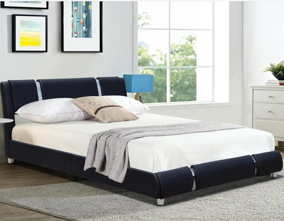 One Box Packing  Modern Simple Style Queen Size PU Fabric Bed Decorated with High Gloss Chrome strips for Bedroom