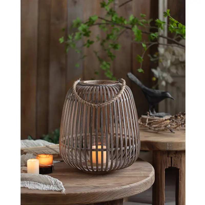 Antique Hanging Decorations Chinese Style Bamboo Lantern Candle Holder Ornament Living Room Home Furniture Iron Candle Jars