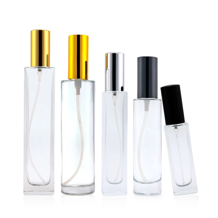 Luxury custom wholesale fragrance pump spray 10 30 50 100 ml square sprayer empty oil glass perfume bottles with cap and box