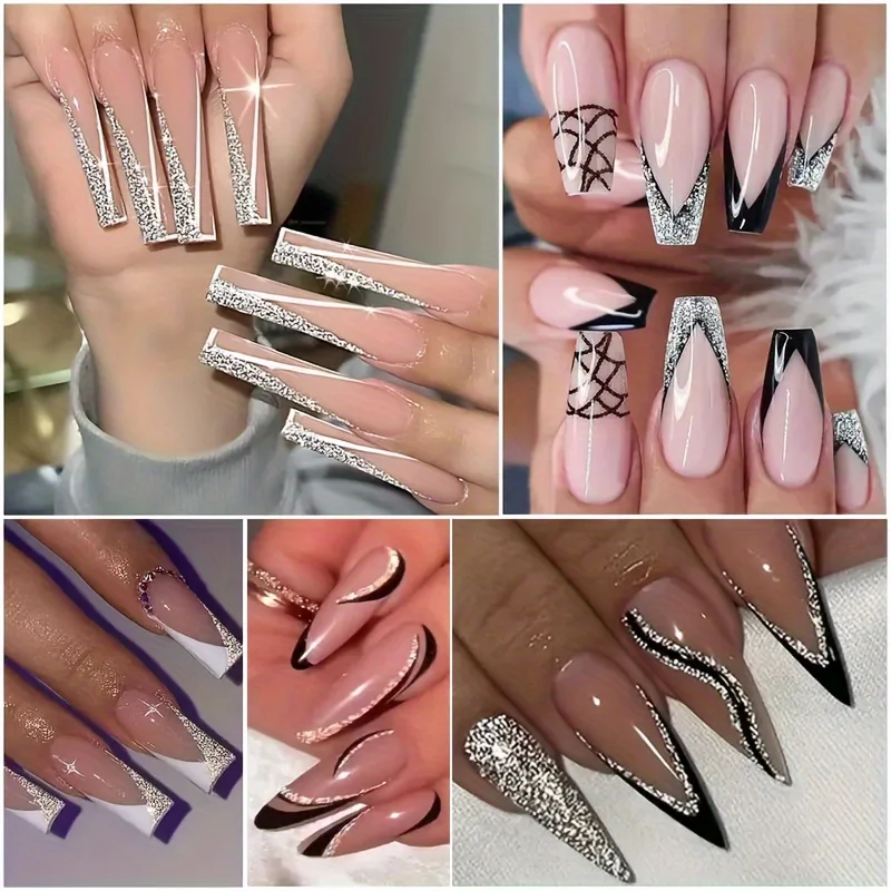 French Nail Art Stickers Self Adhesive Glitter Swirl Line Design Nail Art Decals for Decoration Supplies for Women and Girls