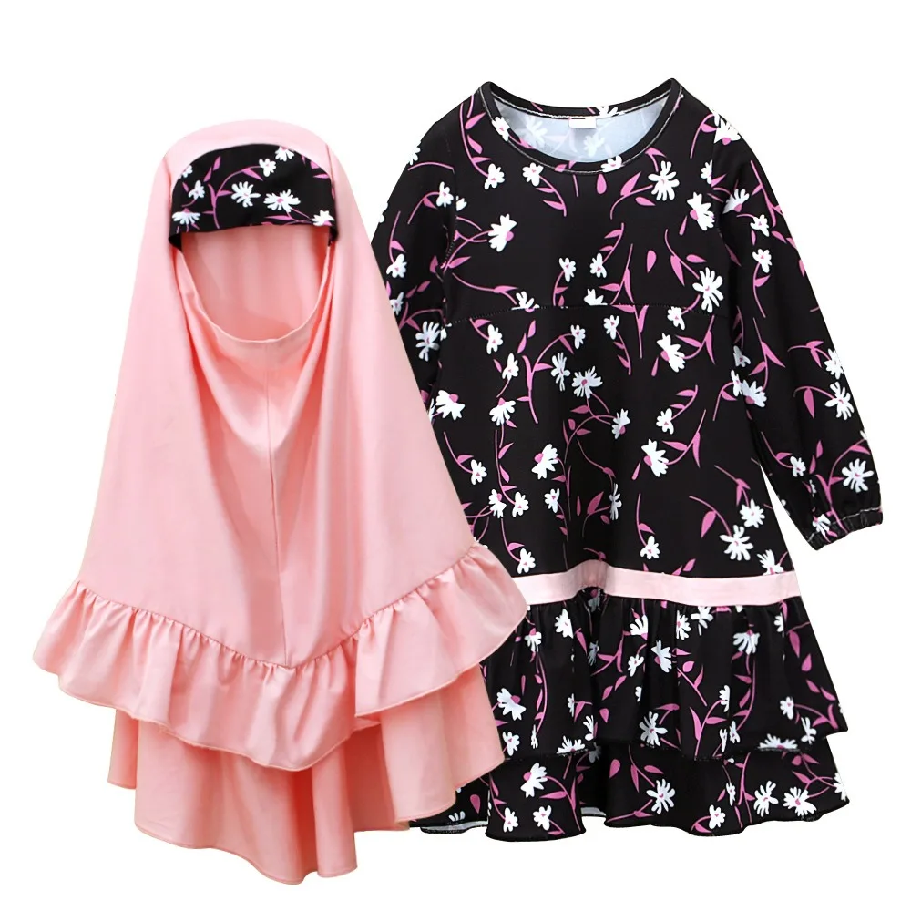 Muslim Children Kids Girls Hijab Dress Set Prayer Dresses Suit Islamic Arab Baby Robe Sets C0097