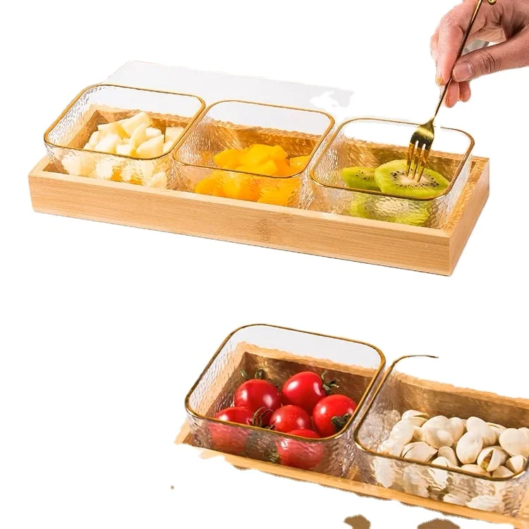 2023 new arrivals EU & US fba  product Acacia Wooden Serving Plate with Round Bowls Melamine snack tray