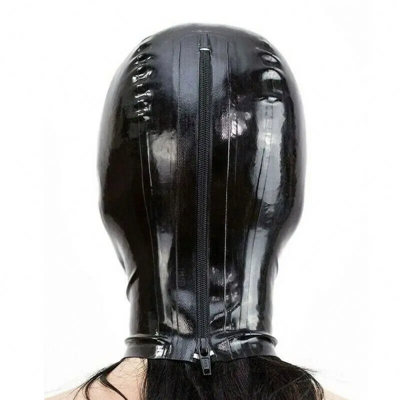Latex Hood With Zipper Cosplay Fetish Party Black Cap Open Nose and Mouth