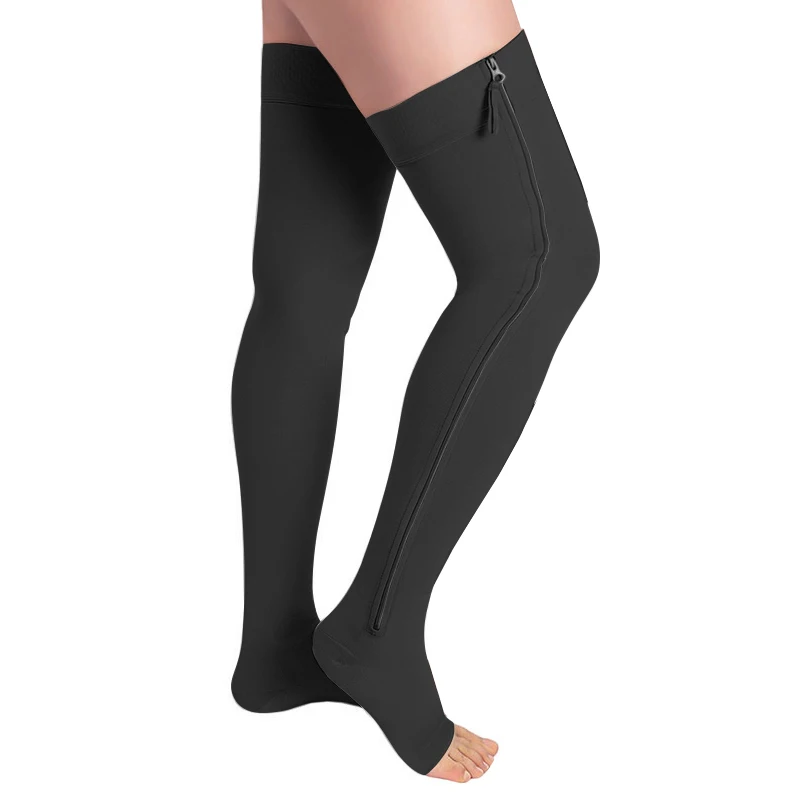 Open Toe Zipper Compression Socks 20-30 mmHg Zipper Compression Stockings Thigh High for Women&Men Swelling Edema, Flight