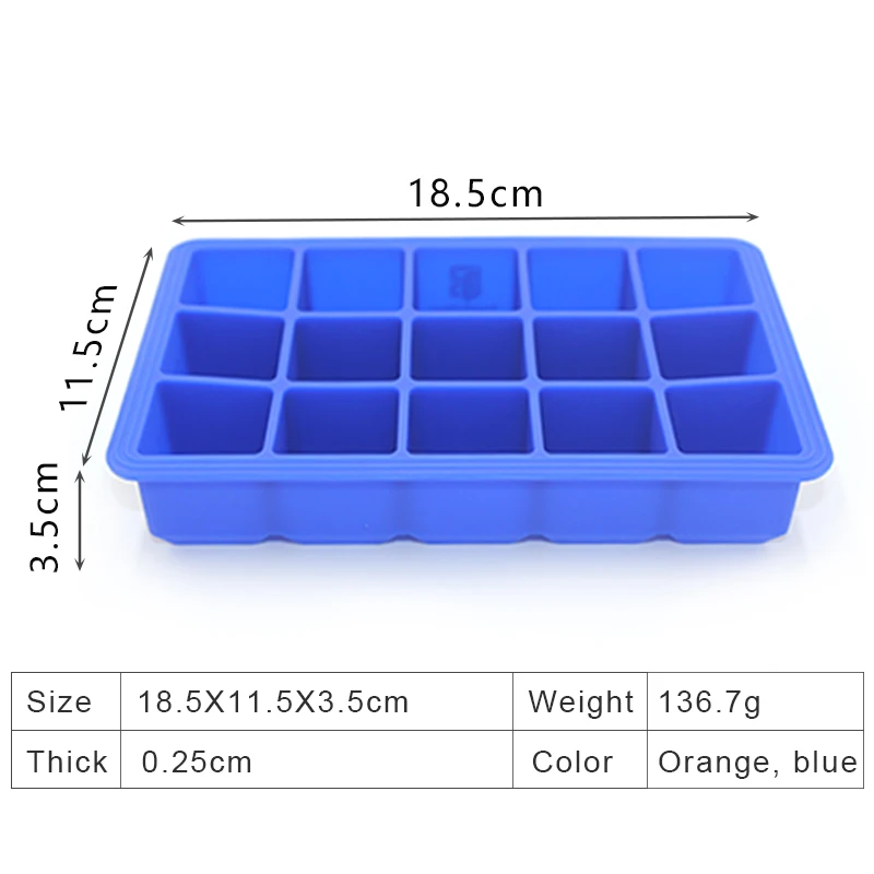 Novelty Eco-friendly 15 Cavity Flexible Silicone Ice Cubes Block Tray Mold For Whiskey Cold Drinking