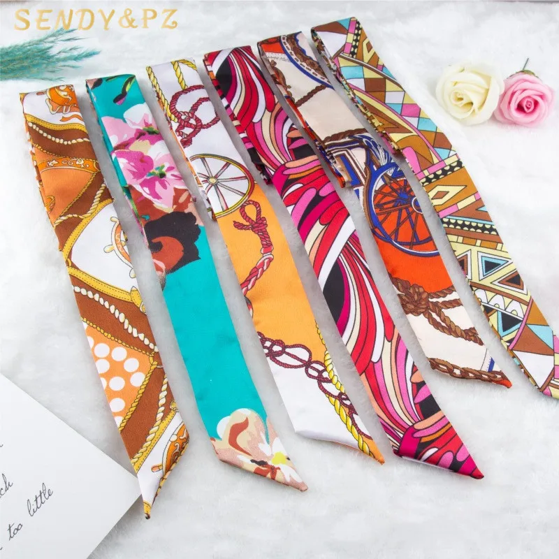 New Women Printed Satin Scarves Long Ribbons Lady Silk Hairband Small Hair Scarf Bow Tie Bags Accessories