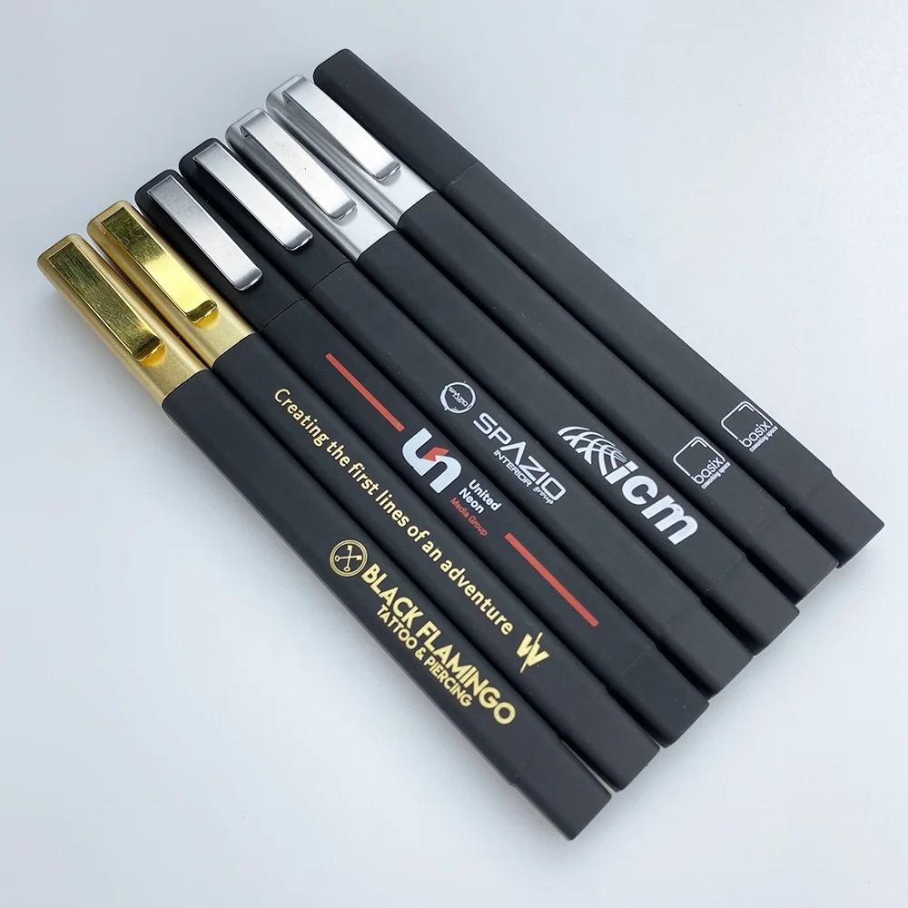  Stocked promotional cheap soft Rubber finished square hotel ball pen with gold logo