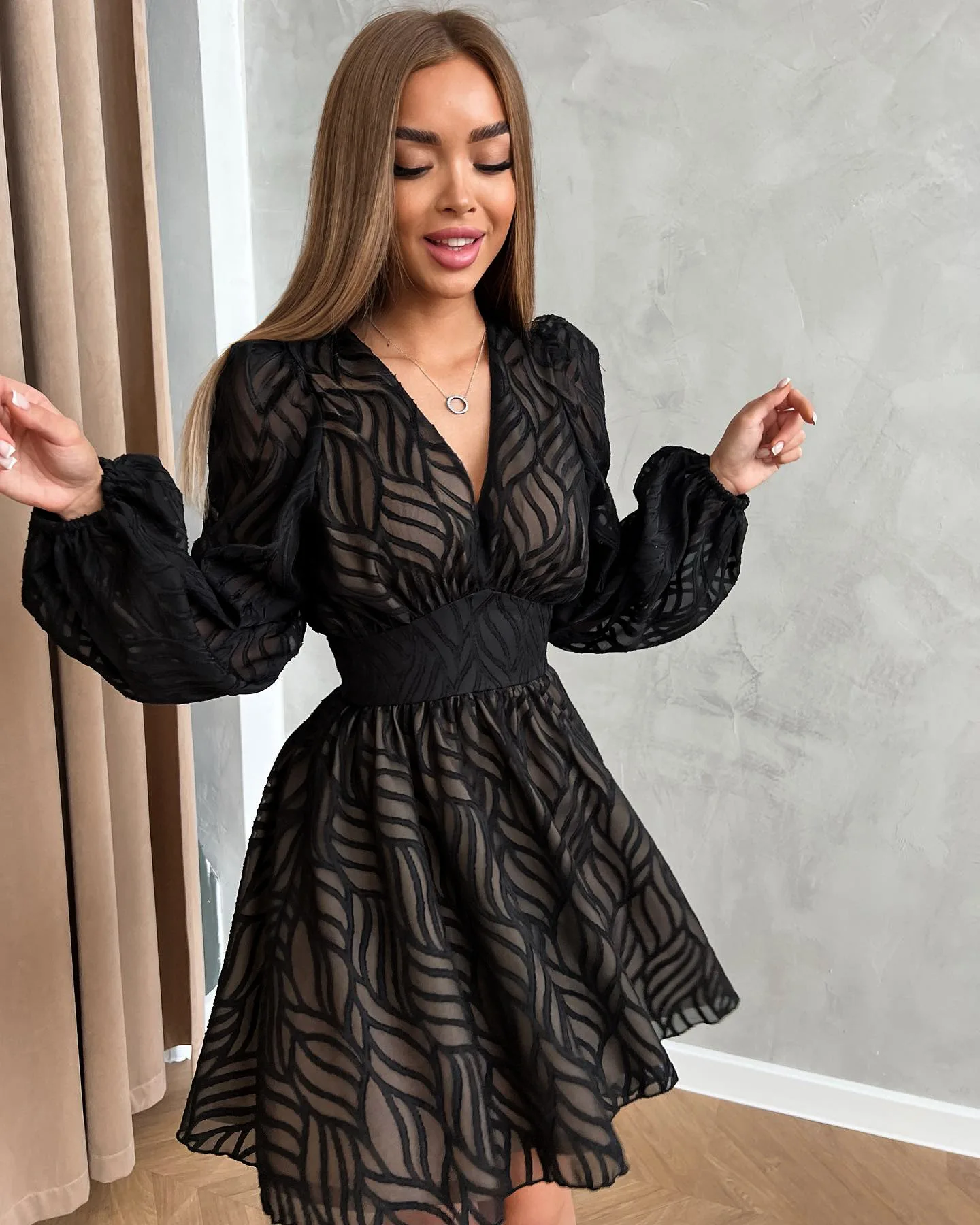 ihoov women dresses French Jacquard A Line Skirt Long sleeved Short Skirt