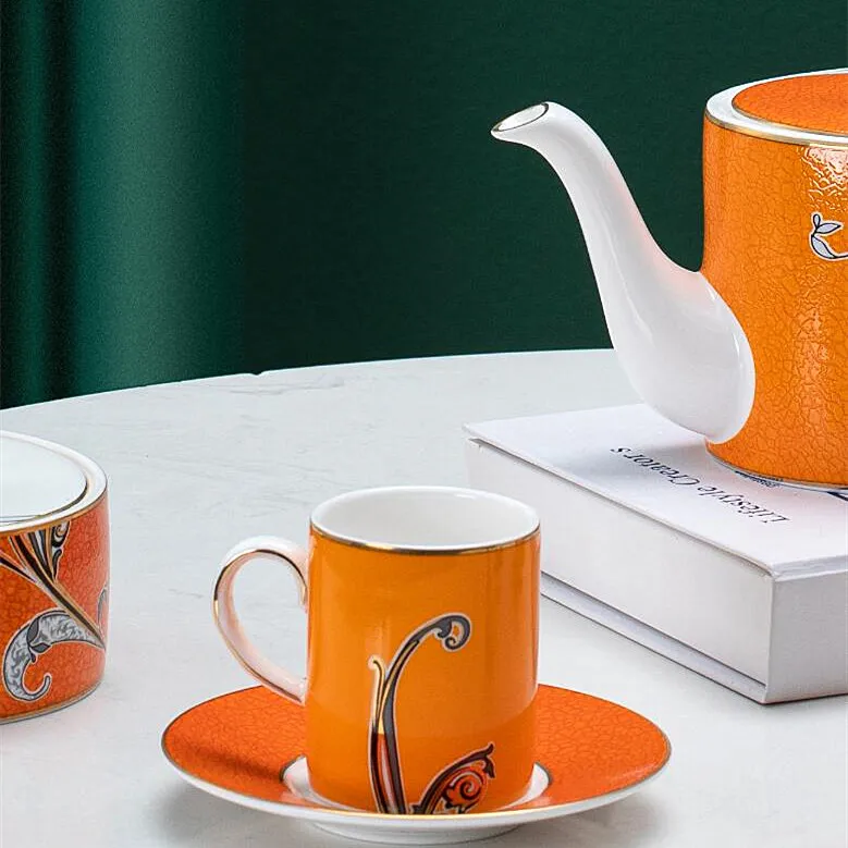 PITO Luxury Floral Decal Coffer Cup Rim Coffee Tea Cup Saucer Set Ceramic Bone China for Home Daily Life with Gold Party