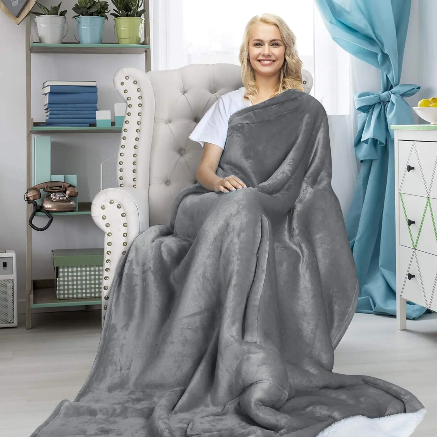 Kingworth Adult Hooded Camping No Sleeves Poncho Wrap Sherpa Wearable Blanket With Pocket