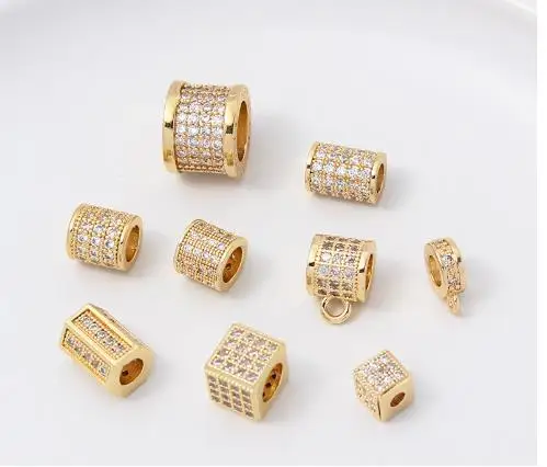 HOT Sale 14K Gold Plated Brass CZ  Cylindrical perforated beads Charms for Bracelet Necklace Making