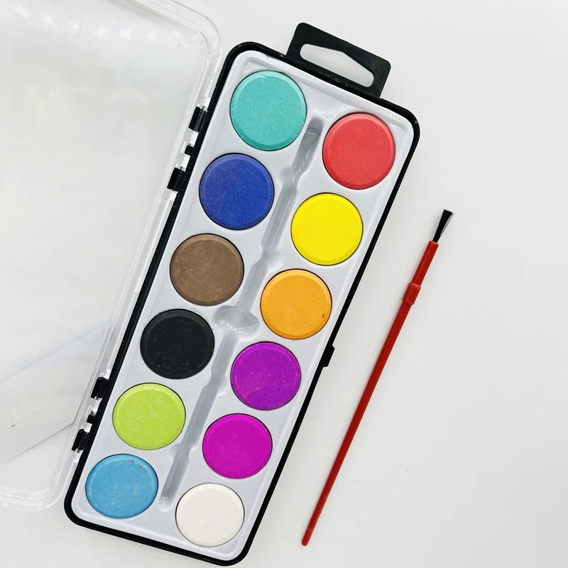 Children 12 Assorted Colors Round Watercolor DIY Oil Paint Set for Kids with 1 Brush Water Color Cake Palette Paint Color