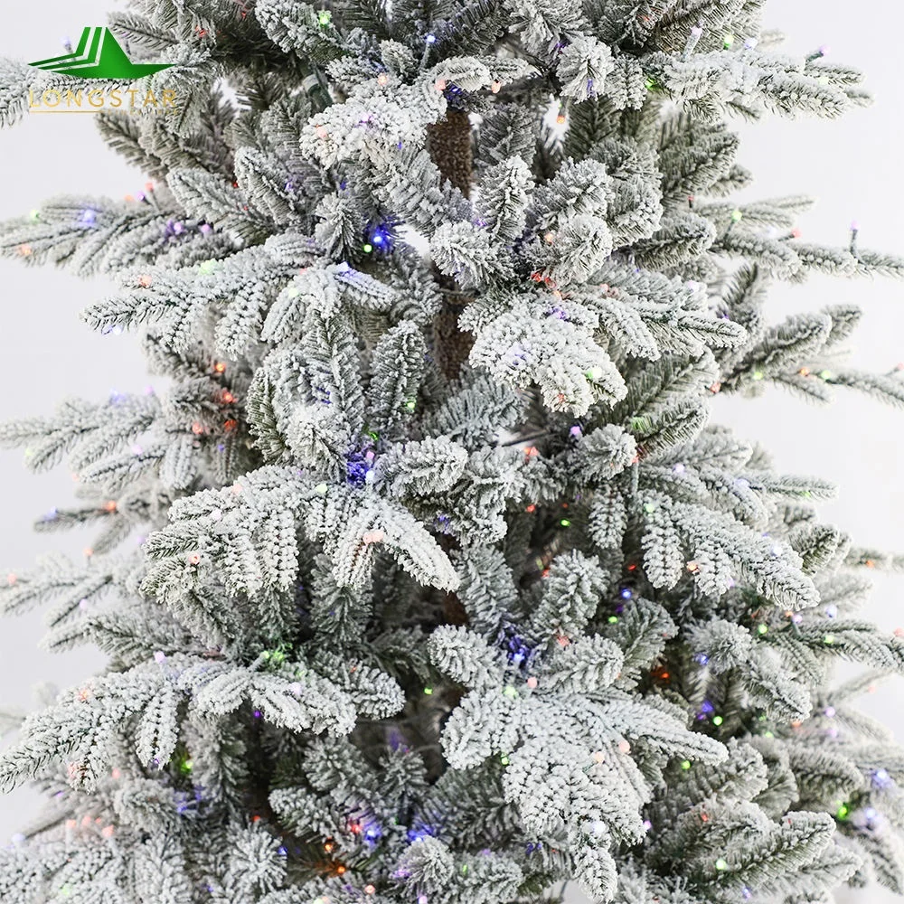 5-10FT PE PVC Mixed Material Prelit Snow Flocked Artificial Christmas Tree for Home and Outdoor Decoration