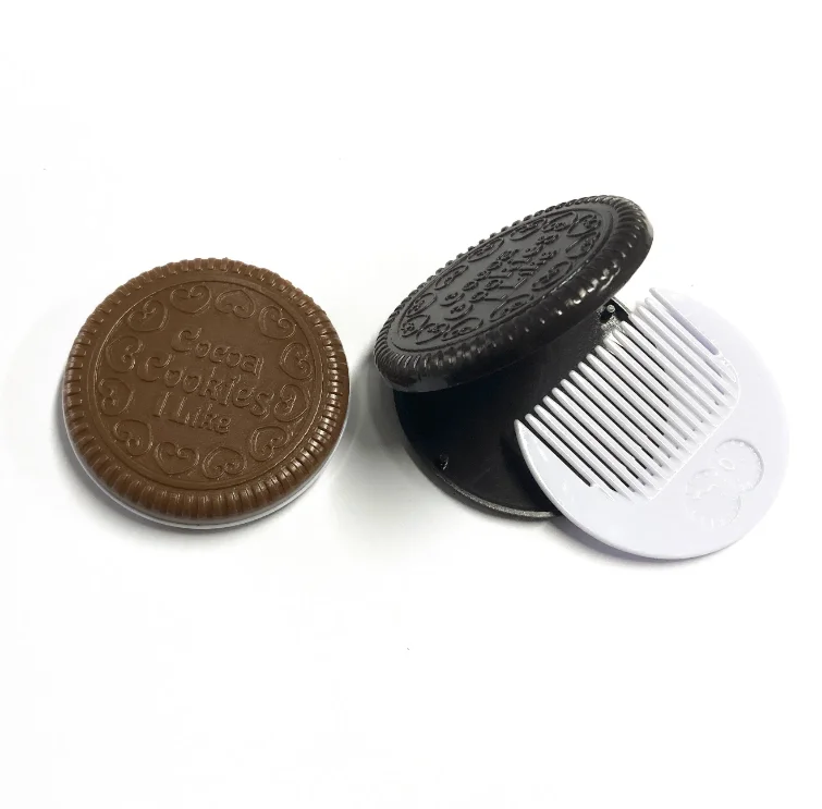 Lightweight  Oreo-like Chocolate Biscuit Shape Pocket Mirror with Comb Mini Sized Bi-folding Mirror Perfect For photo shooting