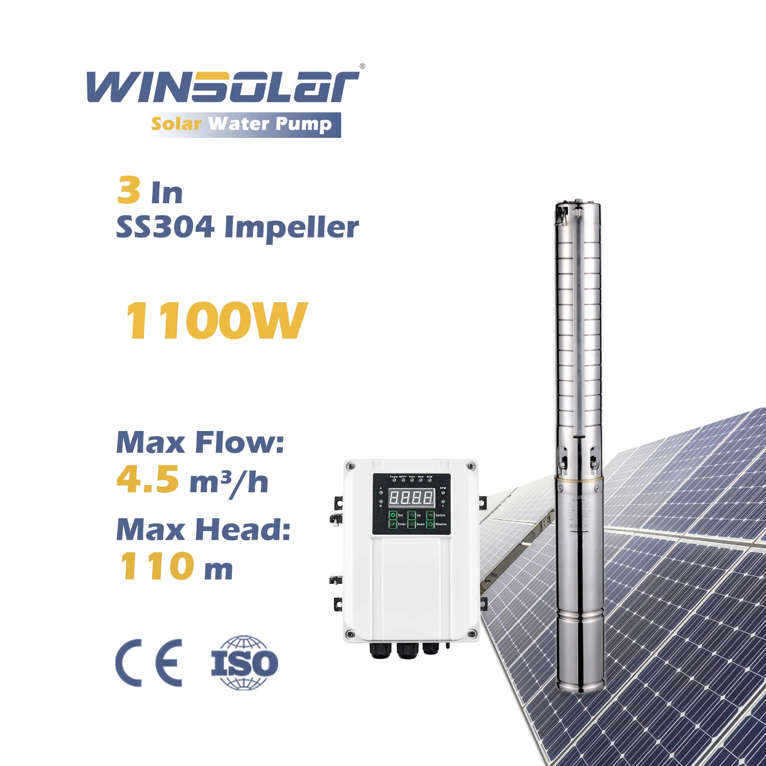 WINSOLAR 3 Inches DC 1100W 144V Solar Deep Well Water Pump with Stainless Steel Impeller