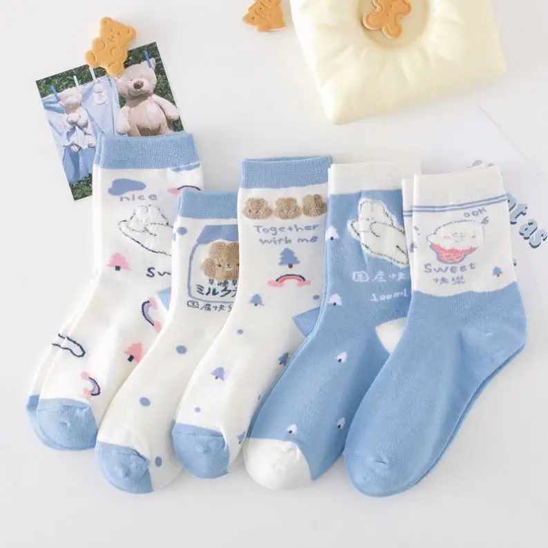 Носки женские флисовые в Корейском стиле Голубые короткие носки для спорта и отдыха с мультяшным медведем студентов