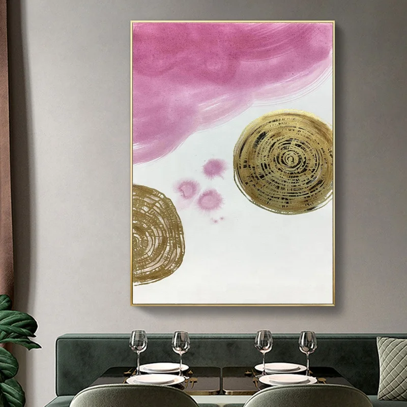 Abstract Oil Painting Canvas Wal Custom Handmade Wood Frame Abstract Wall Art Pink and Gold Foil Pictures Hand Painted Oil Painting Living Room Canvas
