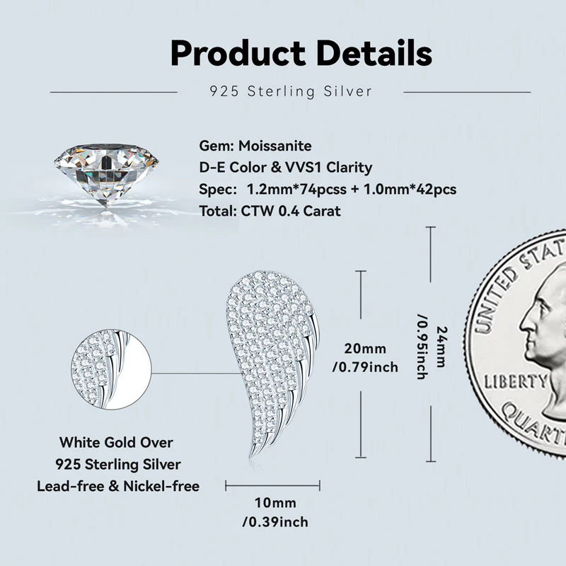 Wedding Jewelry Sparkling 0.40ctt Full Moissanite Stud Earring Exquisite Angel Wings Earrings For Girls Friend women