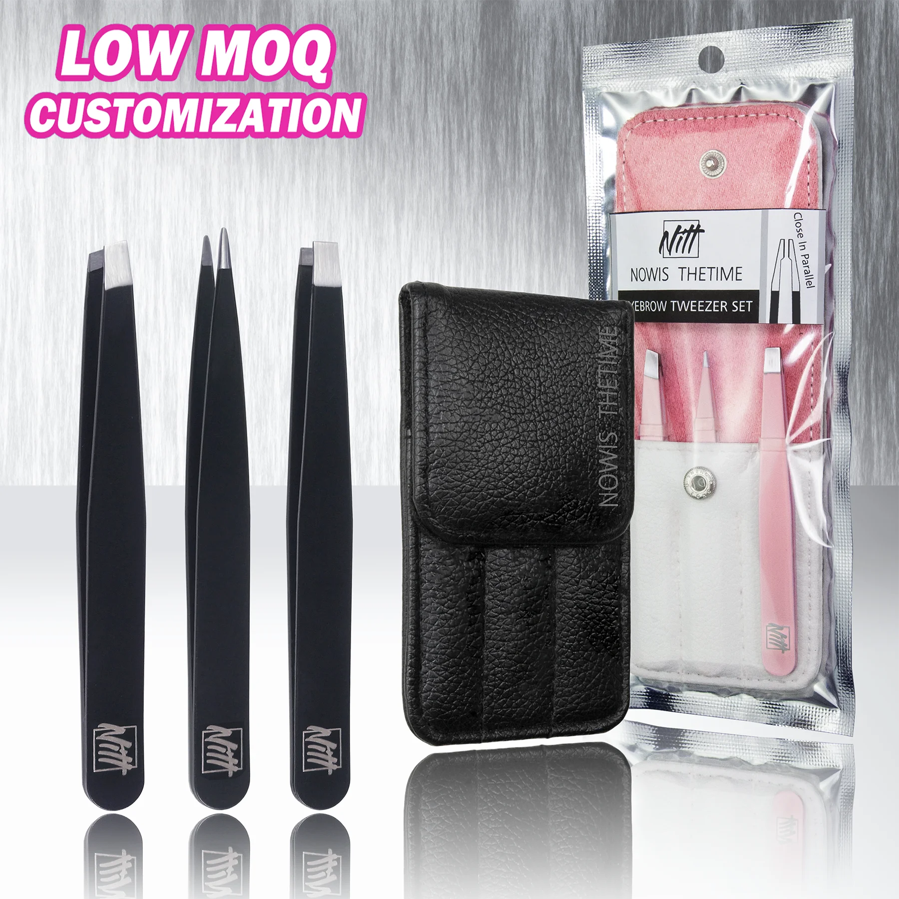 3Pcs Black Pink Eyebrow Tweezer Set Eyebrow Tweezers with bag and package