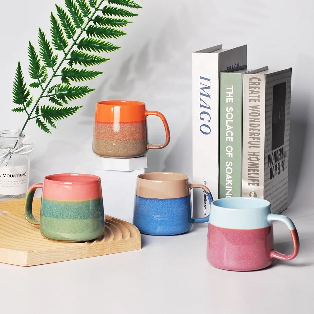 Зеленая синяя оранжевая серая кружка без ручки для путешествий из реактивной глазурованной керамики Кружка кофе на заказ с эмалью живота