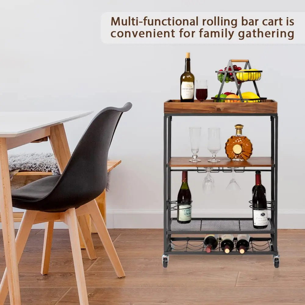 Combohome Folding Wine Cart  Real Wooden Serving Rolling Bar trolley with  Glass Holders & Bottle Shelf for Home Kitchen Rustic