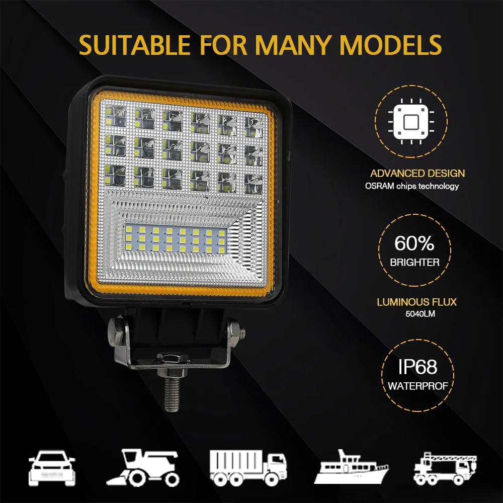 6000Lm 63W Flood 4X4 Atv Offroad Square Yellow Halo Ring Angel Eyes Truck Auto Led Work Light 42 Led Chip