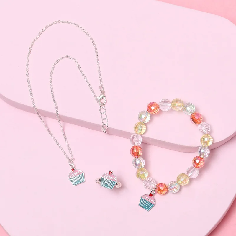 JOJO Wholesale Fashion Custom Enamel Cake Ice Cream Kids Girls Charm Jewelry Set Bracelet Ring And Necklace