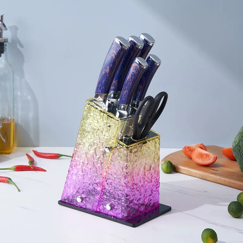 2025 new modern kitchen knives stainless steel 7 pcs chef knife set with colored handle kitchen knife set acrylic stand