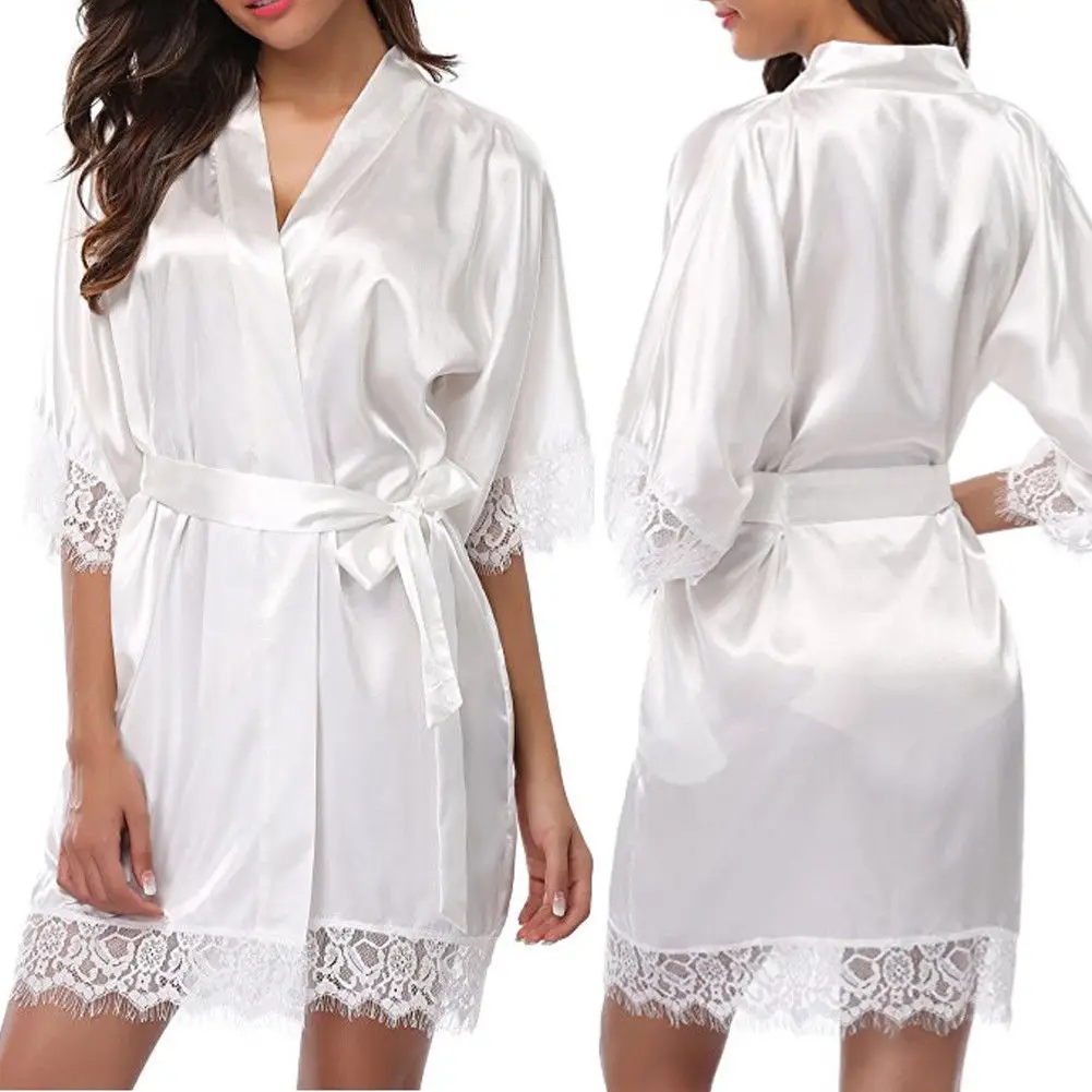 Custom Logo Plus Size 2XL Nightgown Solid Silk Satin Bridal Robes With Belt Thong Lace Robe
