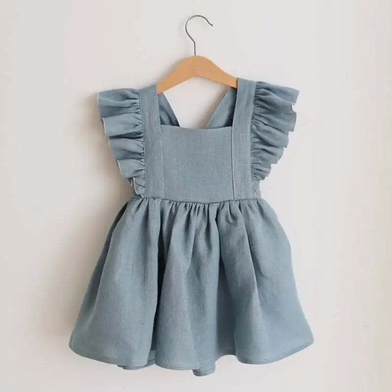 Factory High Quality Fashion Sleeveless Clothing Baby Girls Party Frill Flare Dress Frock Linen Kids Dress