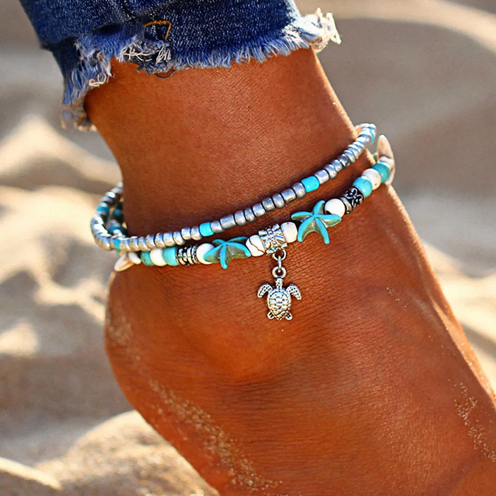 Starfish Multilayer Charm Anklet Beads Sea Handmade Boho Elephant Tree of Life Anklet Foot Jewelry for Women