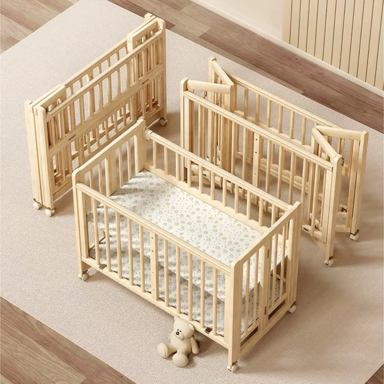 Adjustable Height Multifunction Convertible Toddler Sleeping Bed Swing Rocking Solid Wood Kids Cribs With Baby With Bumpers