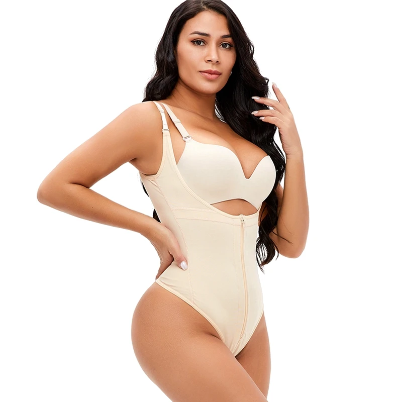 High Waist Zipper Pull Compression Women Thong Shapewear Bodysuit Body Shaper Slimming Briefs Tummy Control Plus Size Bodyshaper