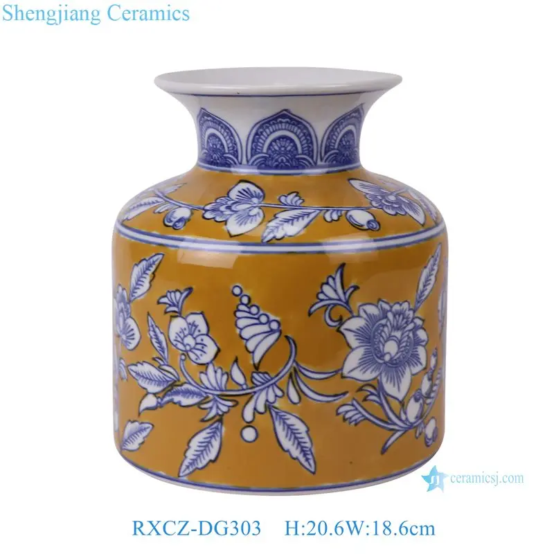 RXCZ-DG103-DG203-DG303 Dark Yellow Glazed blue and white leaf pattern Ceramic straight tube bottle flower vase decoration